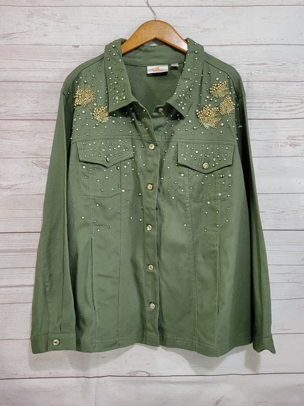 Quacker Factory Beaded Jacket Womens 2X Olive Green Faux Pearl Jeweled Buttons